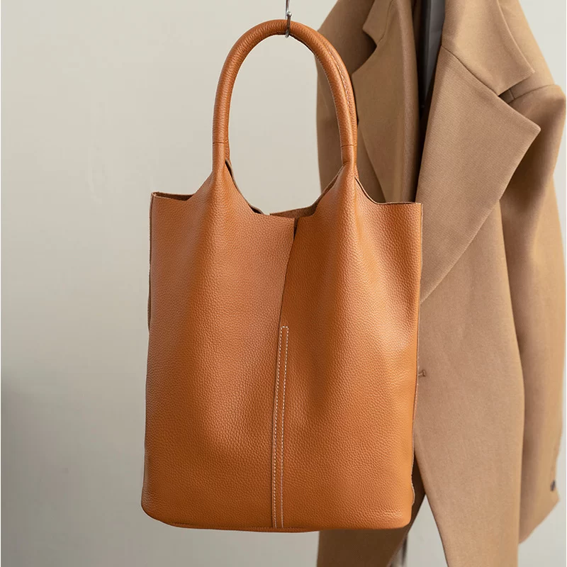 Genuine Leather Commuter Tote Bag Simple Ladies Soft Cowhide Tote Shoulder Handbag Large Capacity Women Bucket Bag 2025 New_9