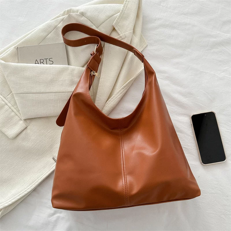 Trendy Casual Soft PU Women's Handbags Solid Color Large Capacity Female Shoulder Bag Retro Tote Bag For Commute Shopping_4