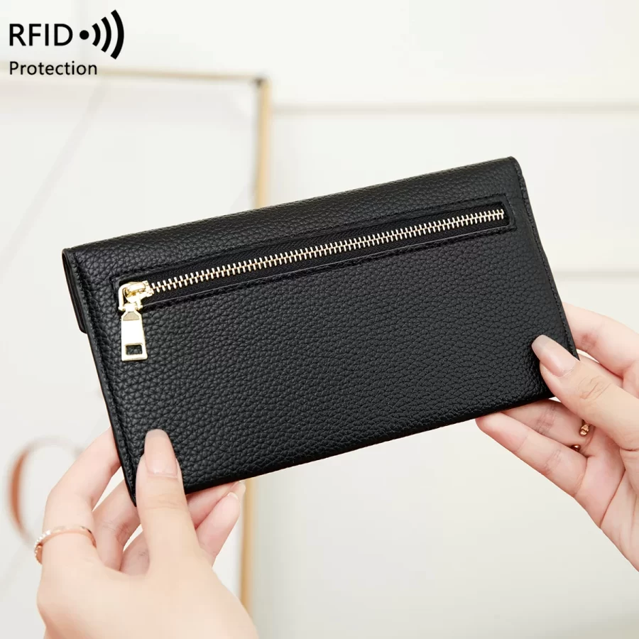 RFID Anti-Theft Purse for Women, Lychee Print, Soft Leather, Envelope Long Wallet, Ultra-thin, Portable, Simple Hand Bag_2