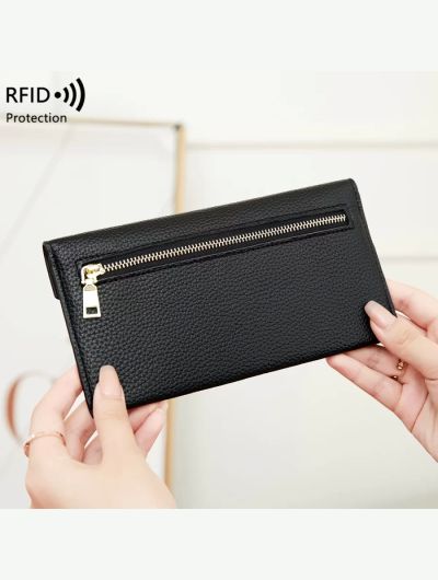 RFID Anti-Theft Purse for Women, Lychee Print, Soft Leather, Envelope Long Wallet, Ultra-thin, Portable, Simple Hand Bag