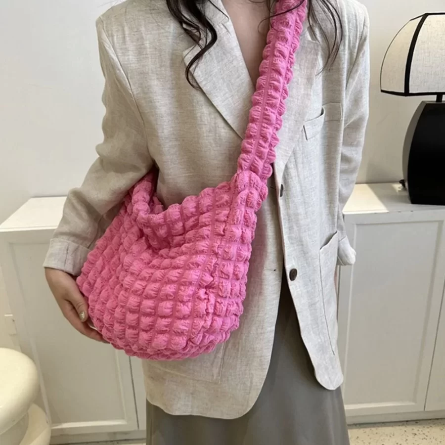 Women Plaid Quilted Large Capacity Tote Bag Crossbody Bag Solid Color Shoulder Bag Cute Pleated Bubbles Embroidered Satchel Bags_1