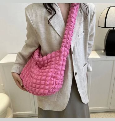 Women Plaid Quilted Large Capacity Tote Bag Crossbody Bag Solid Color Shoulder Bag Cute Pleated Bubbles Embroidered Satchel Bags