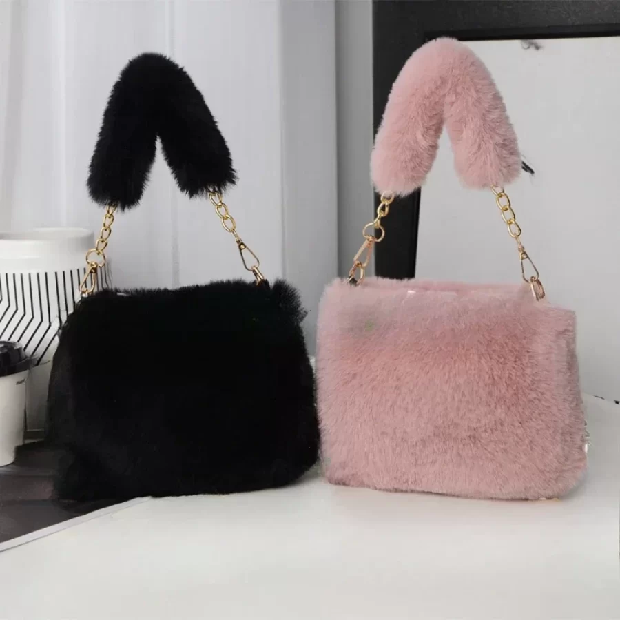 Fashion Women Fluffy Shoulder Bags Female Winter Chain Underarm Bag Solid Color Handbag Soft Plush Handle Bag_3