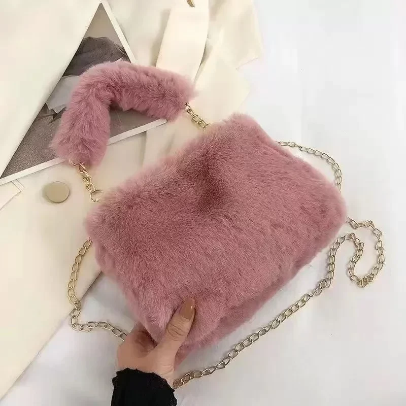 Fashion Women Fluffy Shoulder Bags Female Winter Chain Underarm Bag Solid Color Handbag Soft Plush Handle Bag_11