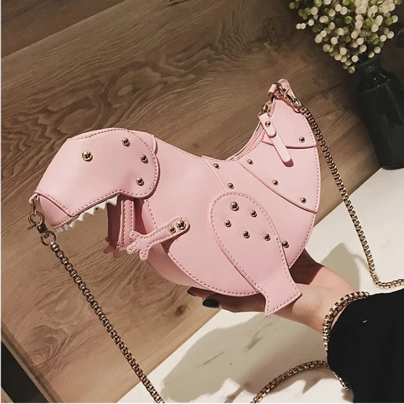 Trend Fashion 3D Dinosaur Design Rivets Pu Leather Girl's Chain Purse Shoulder Bag Tote Ladies Crossbody Mini Messenger Bag Flap_2