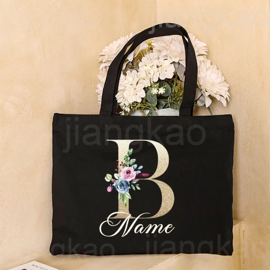 Personalized Initial with Name Tote Bag Women Canvas Shoulder Bags Monogram Shopping Bag Handbags Birthday Wedding Gifts for Her_7