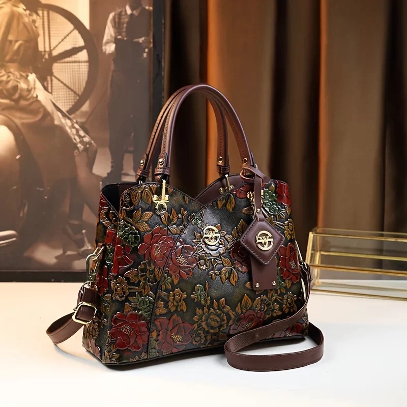 Vintage Flower Pattern Handbag, Luxury PU Leather Tote Bag, Fashion Crossbody Bag For Women_2