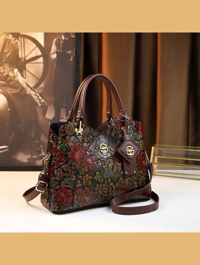 Vintage Flower Pattern Handbag, Luxury PU Leather Tote Bag, Fashion Crossbody Bag For Women