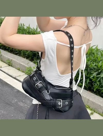 Vintage Belts Deco Women Shoulder Bags Designer Armpit Bag Punk Motorcycle Bag Luxury Pu Leather Lady Handbag