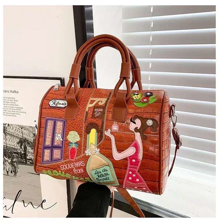 European and American embroidered three-dimensional women's bag new large capacity shoulder  Boston bag trendy crossbody bag_7