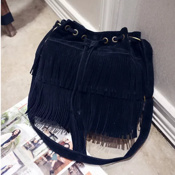 Fashion Retro Faux Suede Fringe Women Messenger Bags Tote New Handbag Tassel Shoulder Handbags Crossbody Bag Tassel Bucket_7