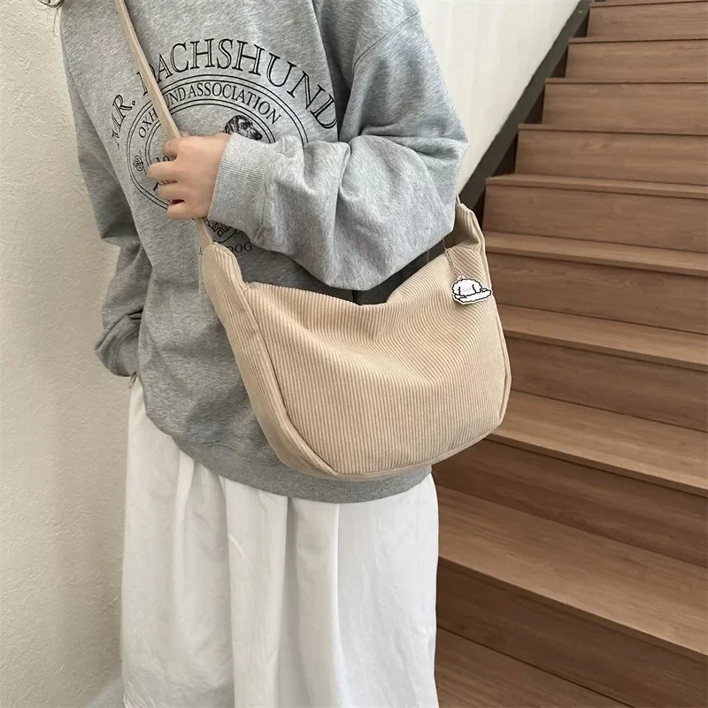 Black Corduroy Bags for Women Japanese Canvas Large Single Shoulder Crossbody Dumpling Bag Student Korean Casual Simple Handbag_3