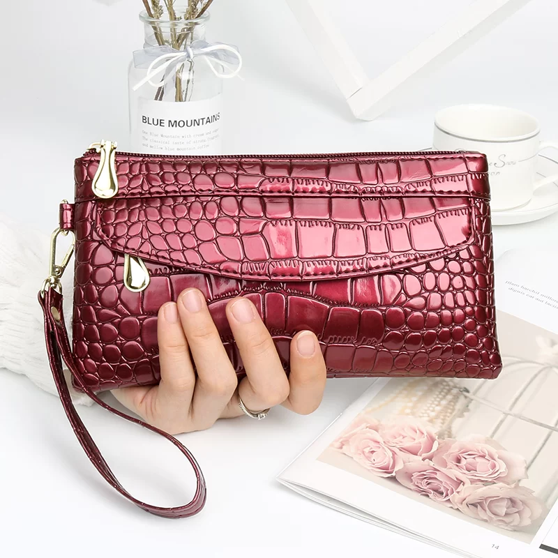 New Women Crocodile Pattern PU Long Wallet Litchi Grain Coin Purse Female Bag Wrist Bags Zipper Phone Pocket Credit Card Holder_18