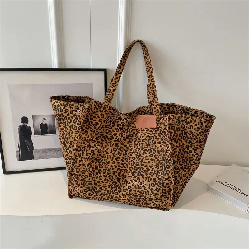 Oversized Leopard Prints Shoulder Bags for Women Deformable Canvas Large Capacity Shopping Totes 2024 Winter New Luxury Handbags_9