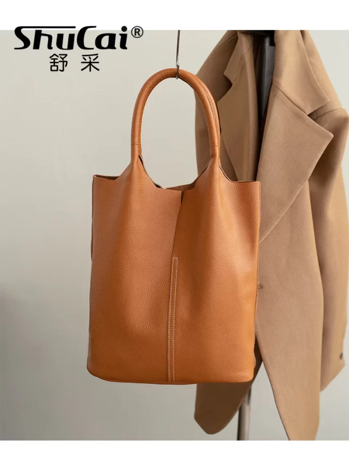 Genuine Leather Commuter Tote Bag Simple Ladies Soft Cowhide Tote Shoulder Handbag Large Capacity Women Bucket Bag 2025 New_6