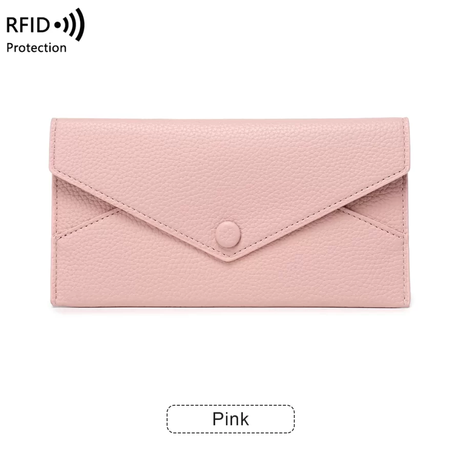 RFID Anti-Theft Purse for Women, Lychee Print, Soft Leather, Envelope Long Wallet, Ultra-thin, Portable, Simple Hand Bag_9