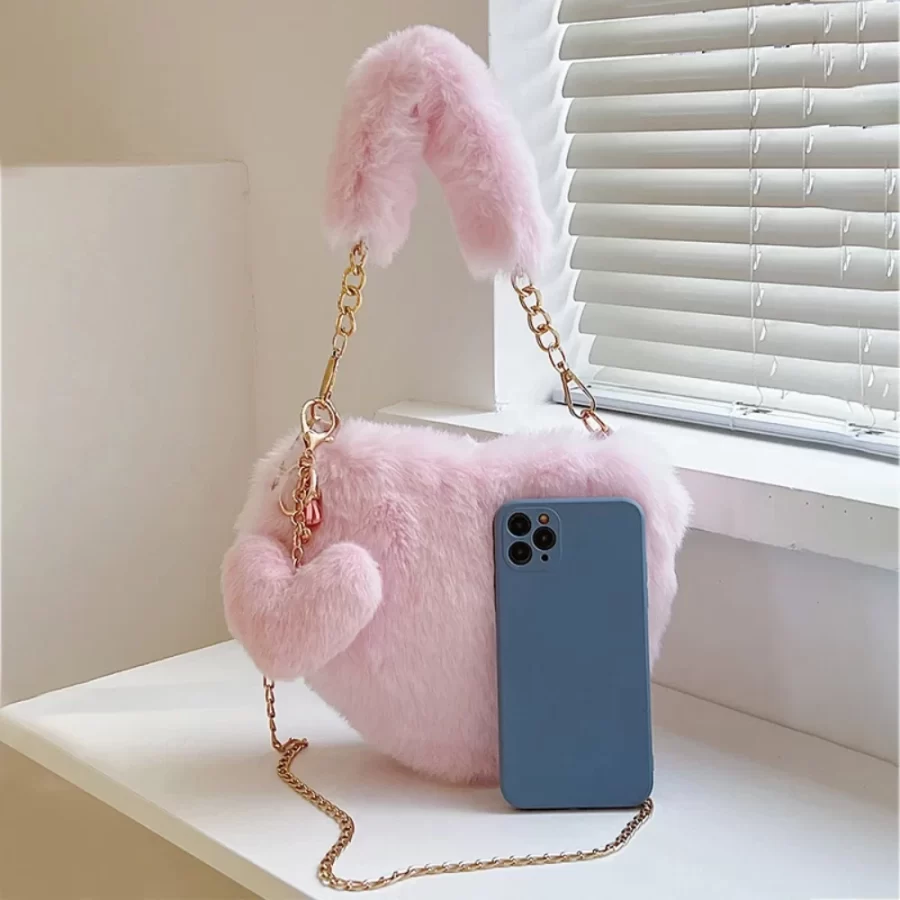 Faux Fur Heart-shaped Women Small Handbags Fluffy Plush Ladies Chain Shoulder Bag Fashion Female Furry Daily Clutch Purse_3