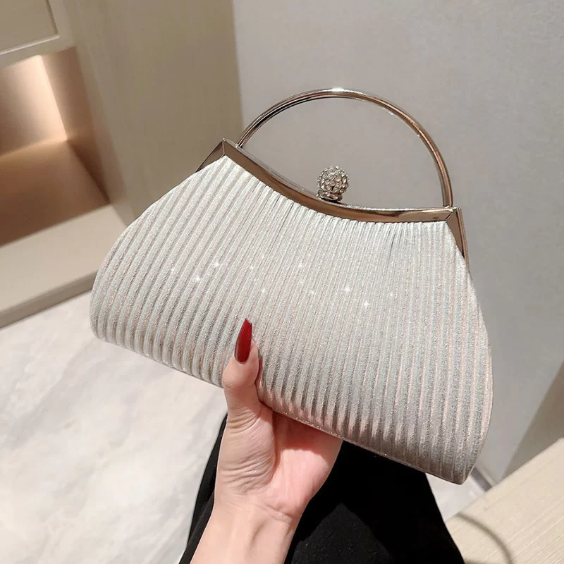 Pleated Evening Handbag Women Top Handle Glitter Day Clutch Ladies Wedding Dinner Dressed Clip Bag Diamond Party Purse Gold_5