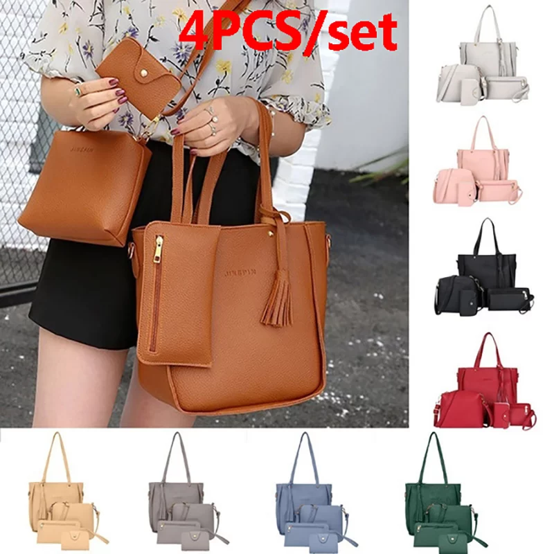 4pcs/set Ladies Leather Bag Set Polyester Shoulder Bag Handbag Messenger Bag Set 9 Colors_4