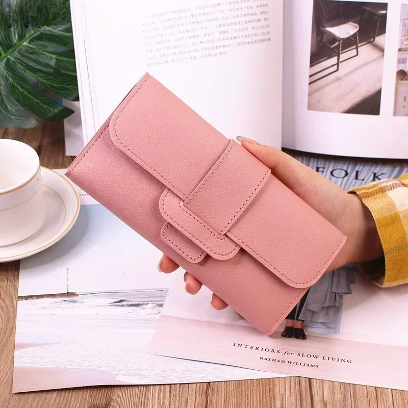 2024 PU Leather Women Wallets Luxury Long Hasp Fold-over Pattern Coin Purses Female Brand Solid Colors New Thin Clutch Phone Bag_3