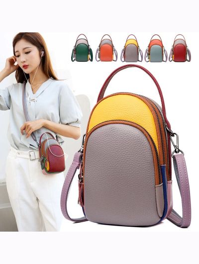 Women Small Genuine Leather Phone Bag Pouch Contrast Color Shoulder Crossbody Bag Female Purse Cowhide Cross Body Handbag