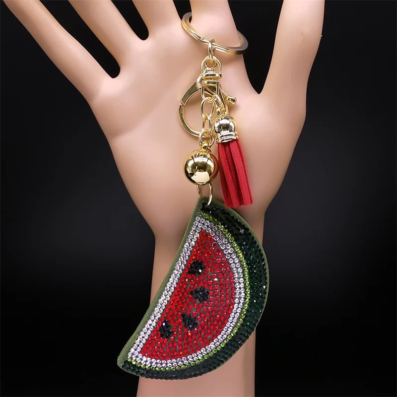 Kawaii Watermelon Full Crystal Key Chain Women Men Alloy Leather Gold Color Fruit Keyring Bag Car Accessories Jewelry K5100S05_7