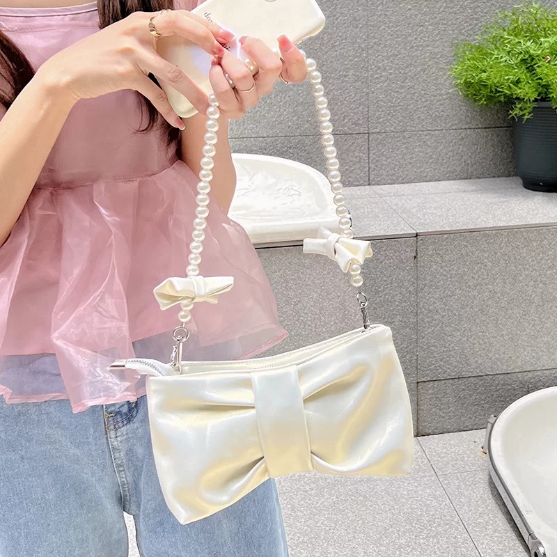 Girl Pearl Bow Handbags Underarm Bag for Woman Summer New Small Fresh Fairy Bag One-shoulder Hand-held Messenger Bag_5