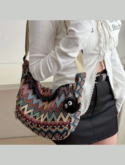 Wave Pattern Design Crossbody Bag for Women New Large Capacity Canvas Shoulder Bag, Versatile College Students Dumplings Bag