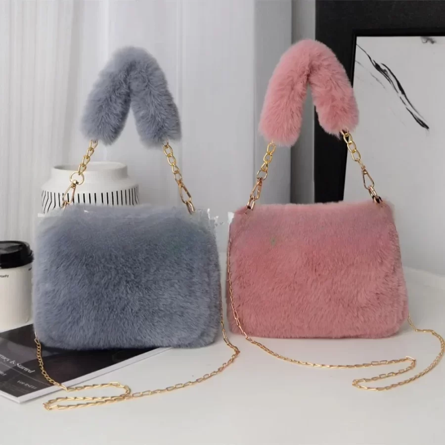 Fashion Women Fluffy Shoulder Bags Female Winter Chain Underarm Bag Solid Color Handbag Soft Plush Handle Bag_1