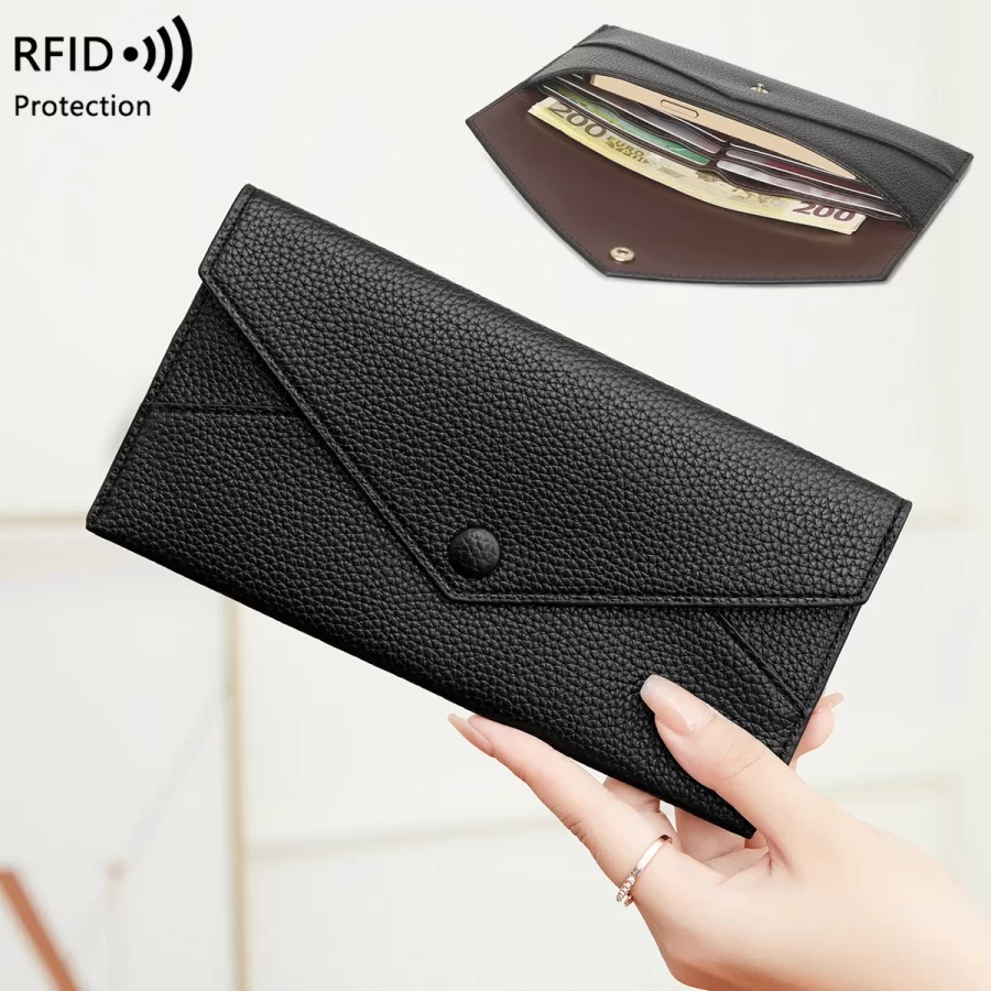 RFID Anti-Theft Purse for Women, Lychee Print, Soft Leather, Envelope Long Wallet, Ultra-thin, Portable, Simple Hand Bag_1