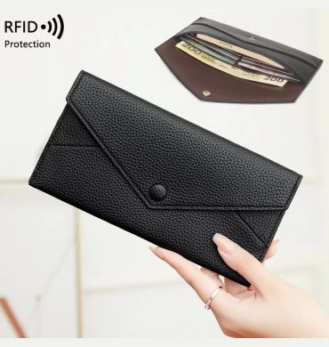 RFID Anti-Theft Purse for Women, Lychee Print, Soft Leather, Envelope Long Wallet, Ultra-thin, Portable, Simple Hand Bag