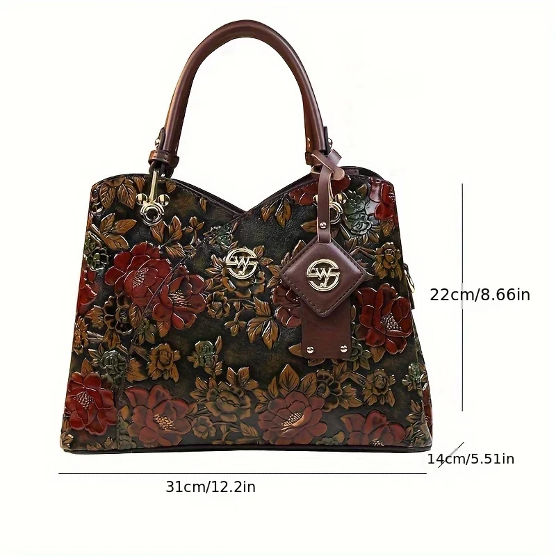 Vintage Flower Pattern Handbag, Luxury PU Leather Tote Bag, Fashion Crossbody Bag For Women_3