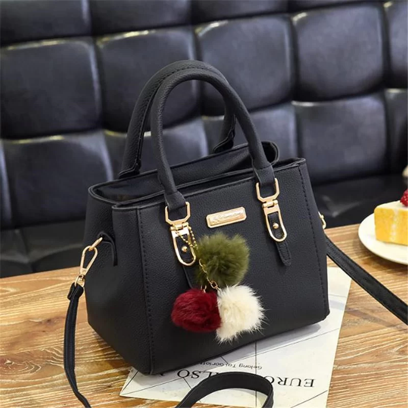 1PC Black Women Handbag Large Capacity PU Leather Lady Shoulder Bag Messenger Bag With Hairball Travel Bag Fashion High Quality_4