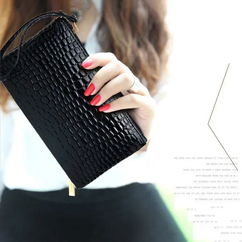 New Women Crocodile Pattern PU Long Wallet Litchi Grain Coin Purse Female Bag Wrist Bags Zipper Phone Pocket Credit Card Holder_6