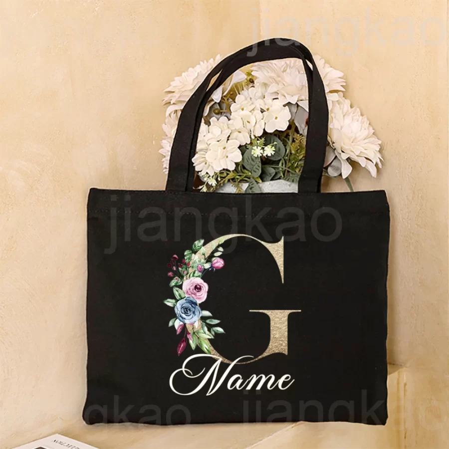 Personalized Initial with Name Tote Bag Women Canvas Shoulder Bags Monogram Shopping Bag Handbags Birthday Wedding Gifts for Her_12