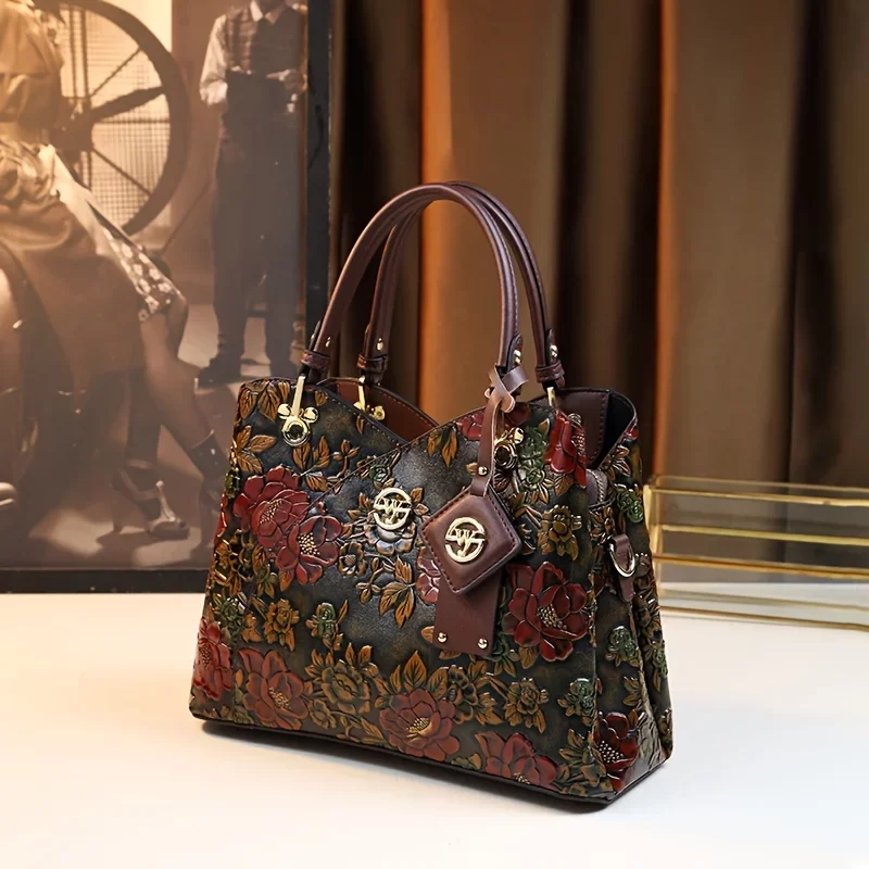 Vintage Flower Pattern Handbag, Luxury PU Leather Tote Bag, Fashion Crossbody Bag For Women_5