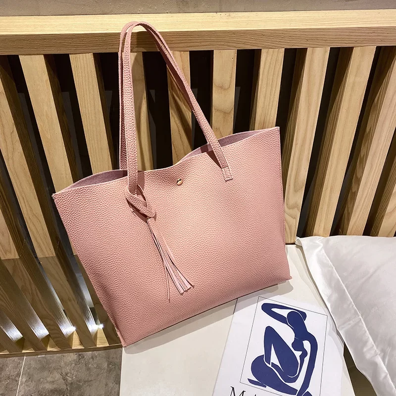 New Trend Women Single Shoulder Bag Casual Large Capacity Pu Lychee Pattern Tassel Outdoor Simple Tote Bag_7