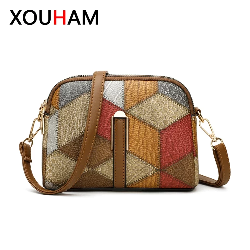 XOUHAM Color Block Shoulder Bags for Women National Style Double Zipper Crossbody Bag Ladies PU Leather Wallet Fashion Handbags_1