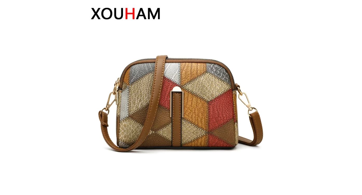 XOUHAM Color Block Shoulder Bags for Women National Style Double Zipper Crossbody Bag Ladies PU Leather Wallet Fashion Handbags