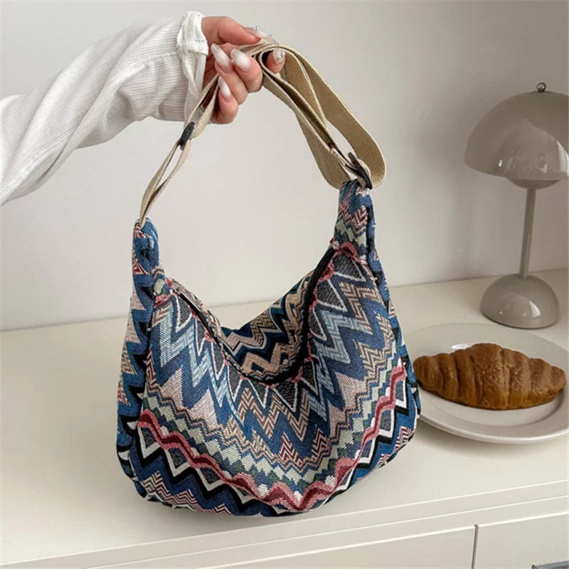 Wave Pattern Design Crossbody Bag for Women New Large Capacity Canvas Shoulder Bag, Versatile College Students Dumplings Bag_3