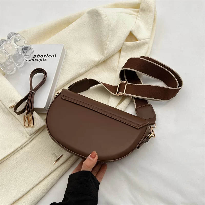 Women Vintage Solid Color Flap Small Saddle Shoulder Underarm Bag Fashion PU Leather Wide Strap Crossbody Bag_3