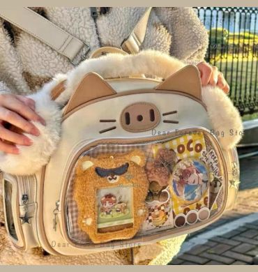 New Y2K Korean Kawaii Cat Ita Bag Cute PU Shoulder Bag Girls Transparent Pocket Harajuku Crossbody Bag Women's Fashion Backpacks