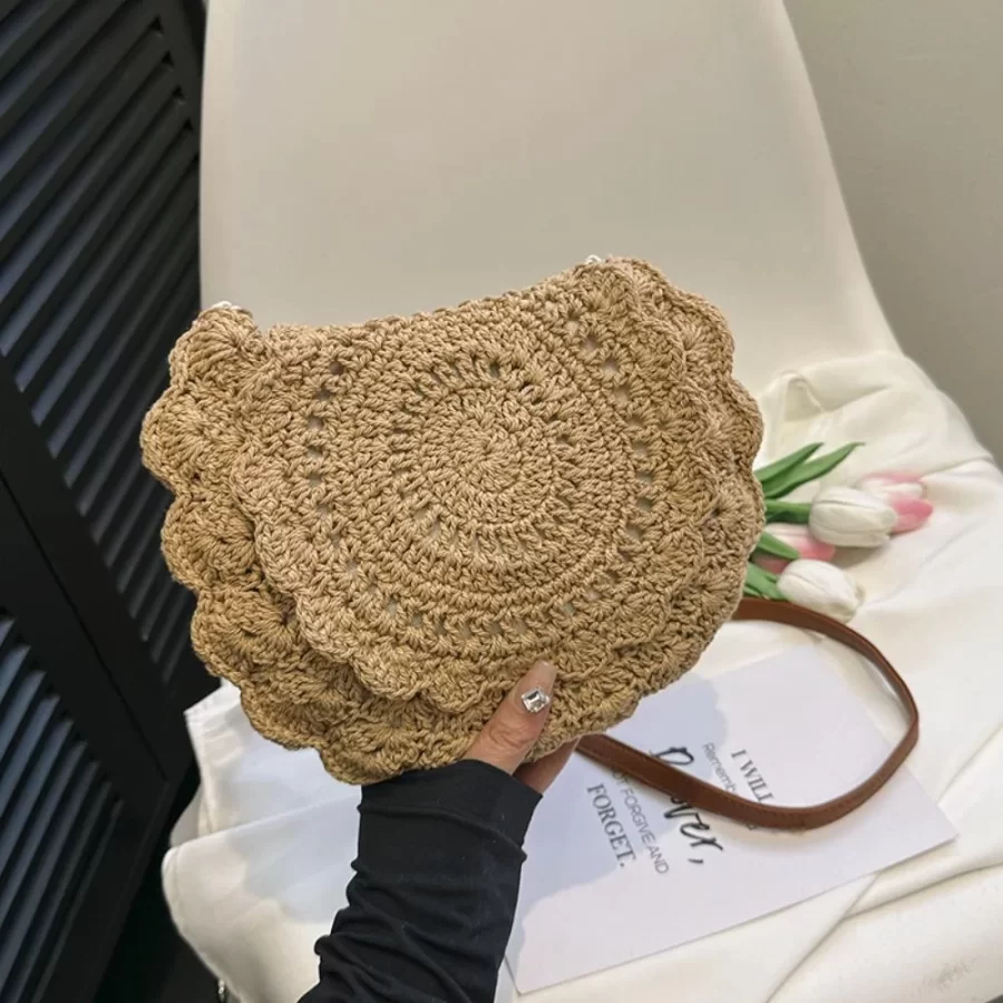 Fashion Hollow Woven Shoulder Bag For Women Handmade Cotton Thread Crochet Crossbody Bag Summer Beach Bag Flip Button Handbag_5