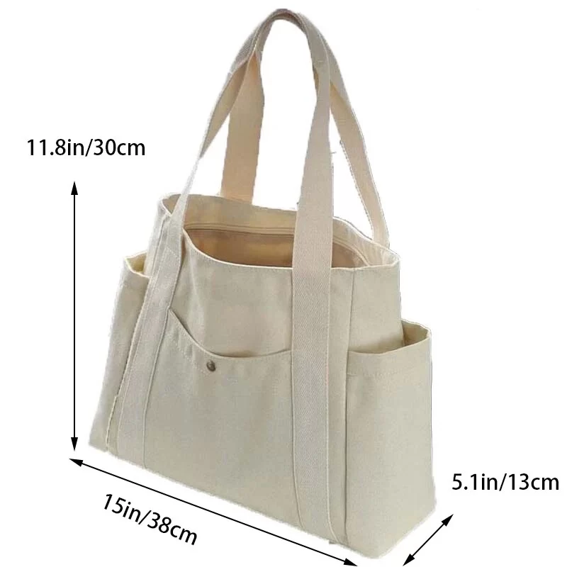 Canvas Women's Bag Large Capacity Multiple Outer Pocket Zipper Shoulder Bag Student Handbag Shopping_5