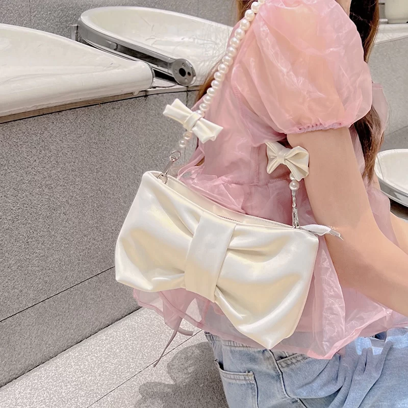 Girl Pearl Bow Handbags Underarm Bag for Woman Summer New Small Fresh Fairy Bag One-shoulder Hand-held Messenger Bag_2