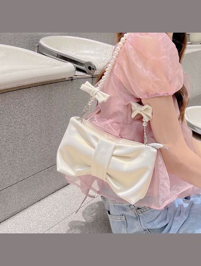 Girl Pearl Bow Handbags Underarm Bag for Woman Summer New Small Fresh Fairy Bag One-shoulder Hand-held Messenger Bag