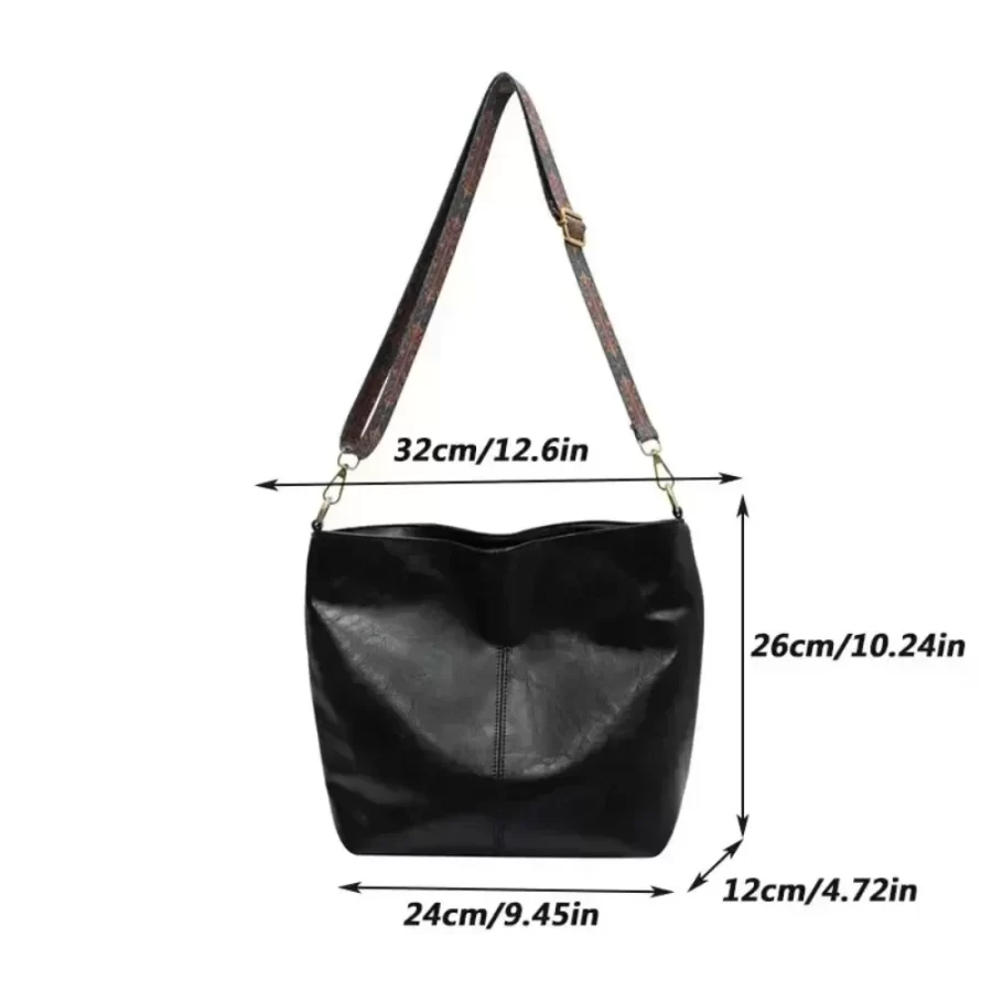 Vintage Solid Color PU Leather Women Fashion Shoulder Sling Bag High-Capacity Simple Wide Strap Bucket Crossbody Bag Commuting_6