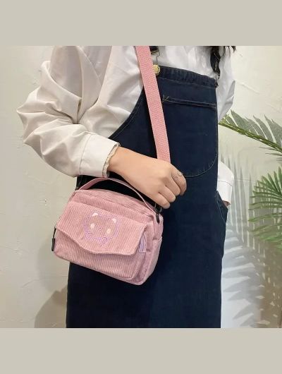 2024 New Fashion Women Corduroy Cartoon Bear Print Shoulder Bags Student Tote Messenger Bag Satchel Travel Handbags