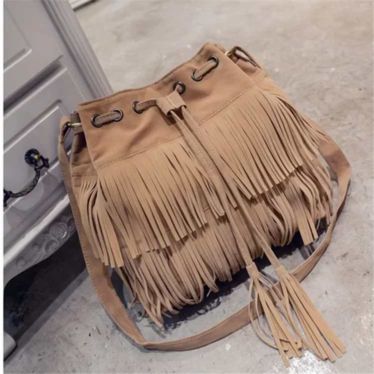 Fashion Retro Faux Suede Fringe Women Messenger Bags Tote New Handbag Tassel Shoulder Handbags Crossbody Bag Tassel Bucket_9