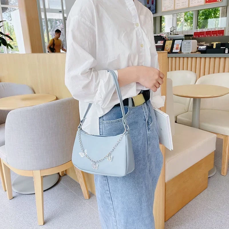 Fashion Butterfly Chain Shoulder Underarm Bags Casual Ladies Pure Color Small Purses Handbags Elegant PU Leather Bag for Women_3